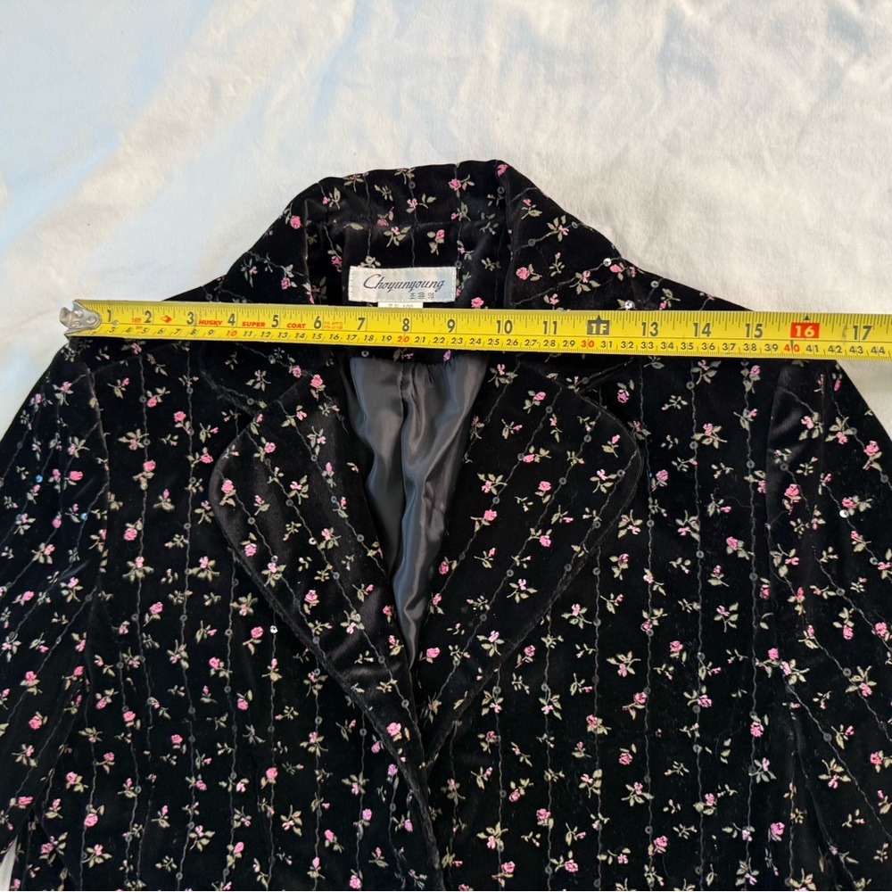 Quilted Velvet Floral Sequin Blazer Black Pink Rose Jacket VTG Cottagecore Y2K - Picture 10 of 11